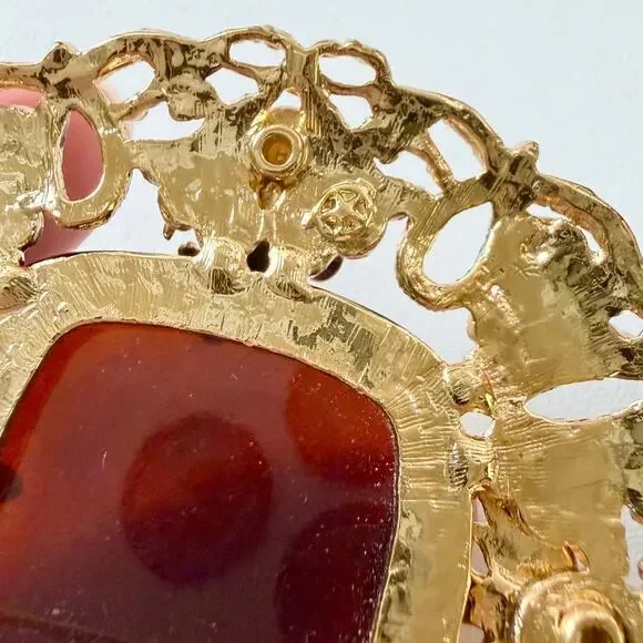 VTG Florenza Stamped Gold Large Amber Faceted Stone Etruscan Revival Brooch - Picture 8 of 14